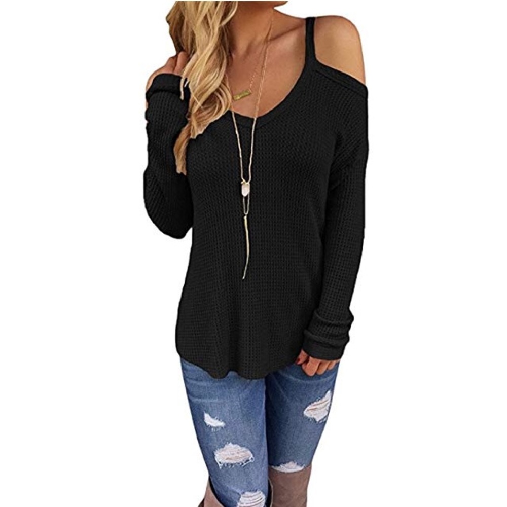Waffle knit cold shoulder sweater